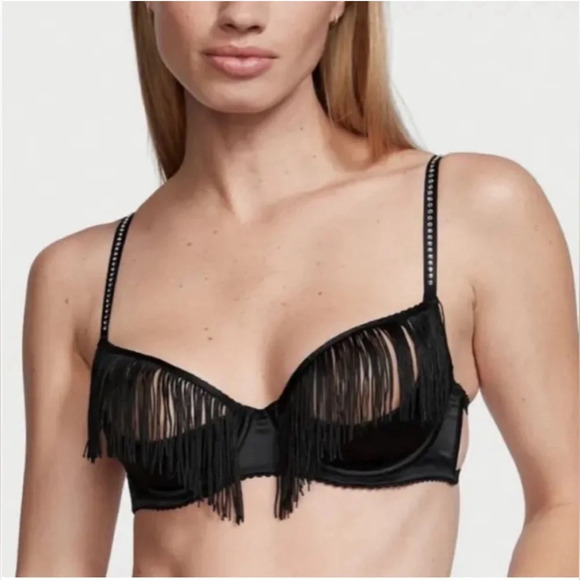Victorias Secret Luxe BLING Fringe Caged Quarter Cut Out Open Cup Bra Black Sz L - Picture 1 of 7